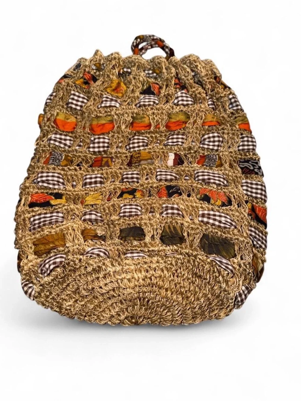Handwoven Straw Tote backpack Bag with Orange and Brown Accents